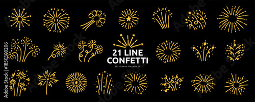 Gold Doodle Сonfetti Firecracker Icon Kit. Bright Hand Drawn Celebrate Firework Element Bundle in Black Background. Yellow Line Vector Illustration Set