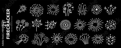 White Doodle Сonfetti Firecracker Icon Kit. Hand Drawn Celebrate Firework Element Bundle in Black Background. Line Vector Illustration Set