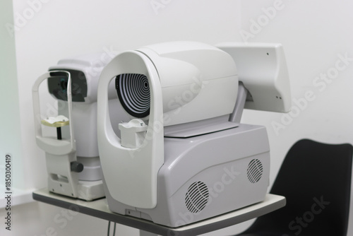 Ophthalmic diagnostic devices: non-contact tonometer and corneal topographer side by side. Used for measuring eye pressure and mapping corneal shape in eye care clinics.