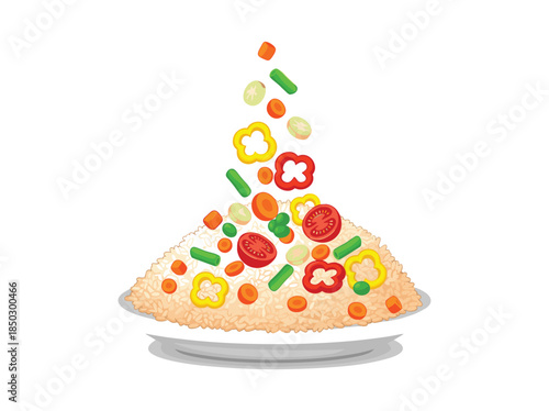 Delicious paella with vegetables and flying ingredients