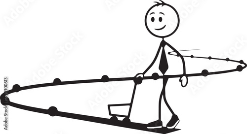 Stick figure businessman pushing a shopping cart along a curved dotted line