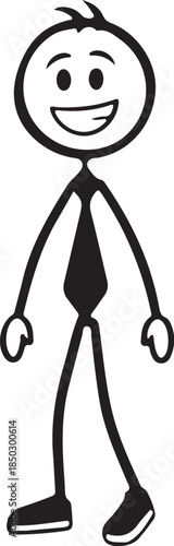 Happy stick figure character standing with a big smile and red shoes isolated on transparent background