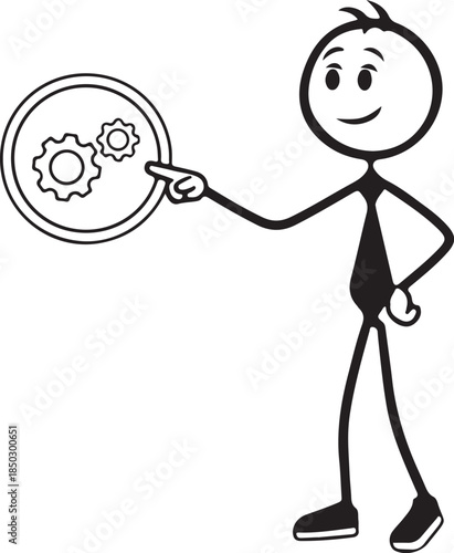 Stick figure pointing at a gear mechanism inside a circle, illustrating process, system