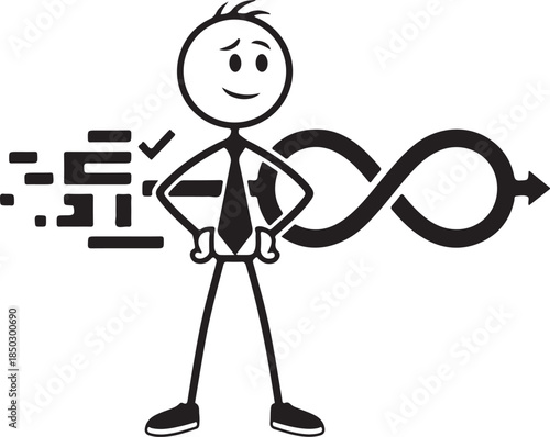 Stick figure businessman standing confidently next to an infinity loop symbol representing continuous process