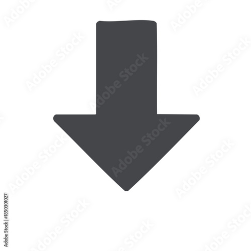 Simple gray arrow pointing down signifies direction and navigation on a white isolated background