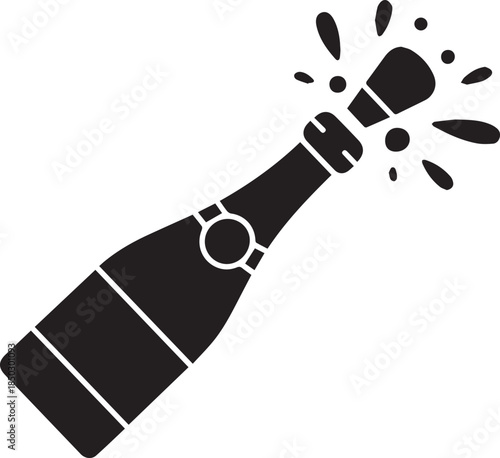 Black silhouette of champagne bottle popping with splashes cork