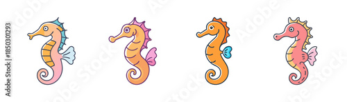 Colorful Cartoon Seahorses in Various Poses and Hues for Kids and Aquatic Enthusiasts