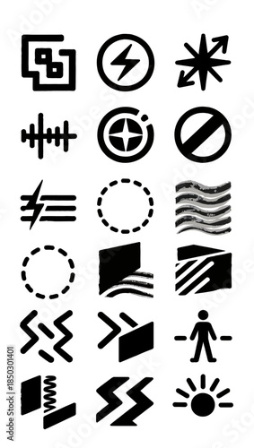 Set of abstract icons representing various concepts including energy, sound waves, directions, and light, presented in a clean, monochrome graphic style