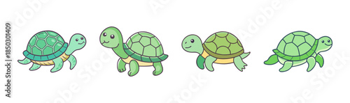 Colorful Turtles Walking in a Row, Green Shells, Cute Cartoon Reptiles, Slow and Steady Friends