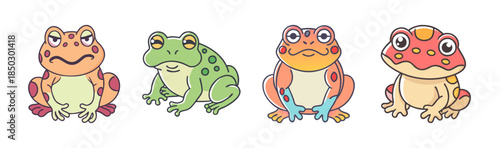 Colorful Cartoon Frogs with Various Emotions and Expressions on White Background