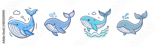Whale Illustrations, Cute Cartoon Blue Whales, Ocean Animals, Sea Creatures, Whimsical Art