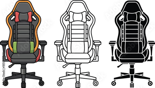 Gaming chair silhouette & Outline and illustration set isolated on transparent background