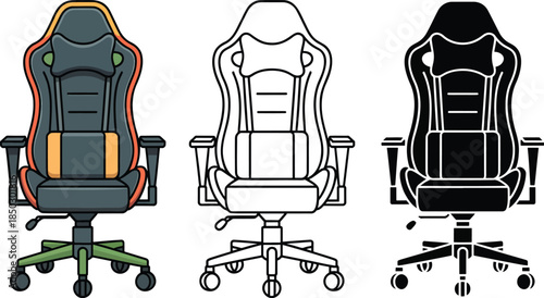 Gaming chair silhouette & Outline and illustration set isolated on transparent background