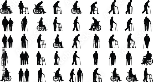 Elderly silhouettes using wheelchairs, walkers, and canes, senior people collection for geriatric care, disability mobility aids, healthcare and aging vector.