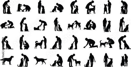 Silhouette collection of people training, feeding, walking, and playing with dogs, vector illustrations of pet owners and canine animal companions.