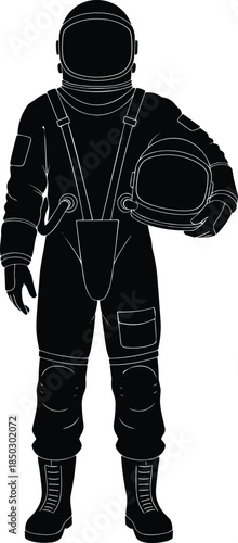 Silhouette of a professional astronaut in a full space suit holding a helmet, cosmic explorer character isolated on white background,.