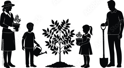 Silhouette set of family planting a tree, mother and children holding potted plants, father with shovel, gardening and ecology concept.