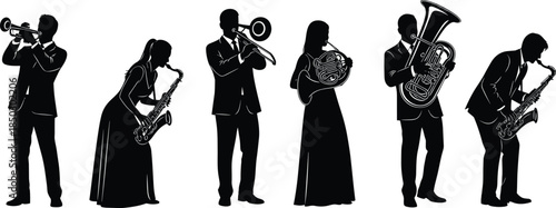 Silhouette set of professional musicians playing brass and woodwind instruments, jazz band performers with trumpet, saxophone, trombone, and tuba, isolated.