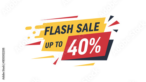 A vibrant flash sale banner with 'FLASH SALE UP TO 40%' text, featuring dynamic yellow and red shapes on a white background, perfect for promotions.