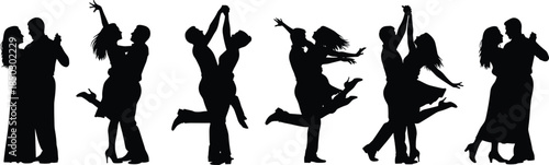 Silhouette set of romantic couples dancing, collection of men and women in ballroom dance poses, elegant party celebration, wedding movement.
