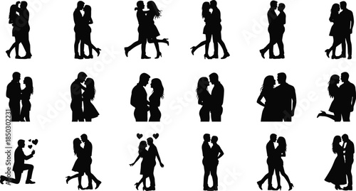 Silhouette set of romantic couples in love, collection of men and women hugging, kissing, and proposing, relationship and romance icons.