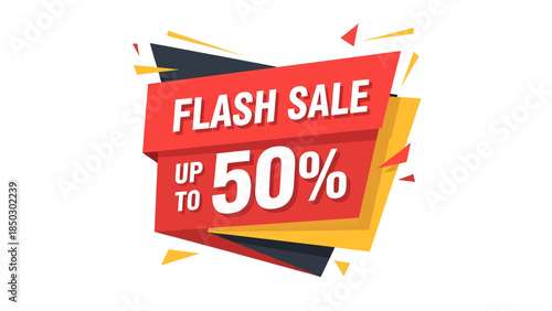 A dynamic red and yellow flash sale banner with 'FLASH SALE UP TO 50%' text, ideal for online promotions and retail discounts.
