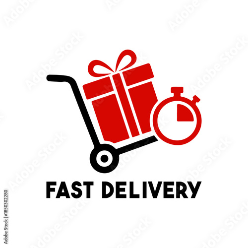A red and black vector icon featuring a gift box on a hand truck with a stopwatch, symbolizing fast holiday shipping, express gift logistics, and timely courier services. PNG, JPG and EPS formats 