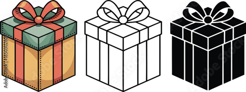 Gift Box silhouette & Outline and illustration set isolated on transparent background