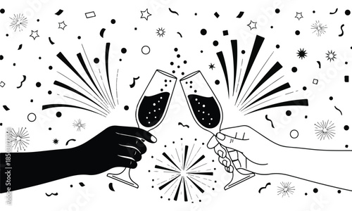 Hands clinking champagne glasses in a celebratory toast with confetti and fireworks line art illustration