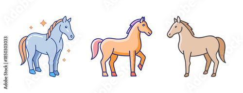 Colorful Cartoon Horses in Various Shades, Whimsical Equine Illustrations
