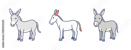 Cartoon Donkeys in Various Colors and Poses, Cute Animal Illustrations