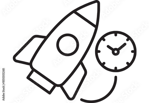 Rocket launch with clock icon time management concept on transparent background silhouette