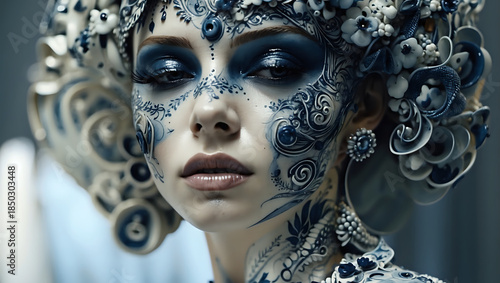 Intricate Blue Face Paint With Ornate Ceramic Headdress containing Floral Embellishments
