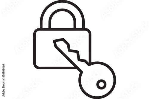 Open padlock with key simple line icon on transparent background silhouette