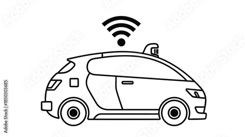Simple black and white illustration of an autonomous vehicle with a wireless connection symbol above it