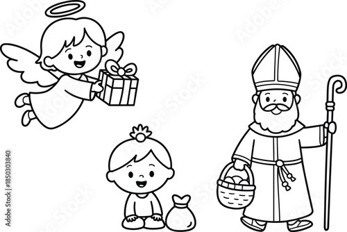 Angel, child, Saint Nicholas, Christmas, holiday, gift, celebration, bishop, tradition, festive, winter, joy, line art, black and white, religious, seasonal, holy, illustration, vintage, cultural**