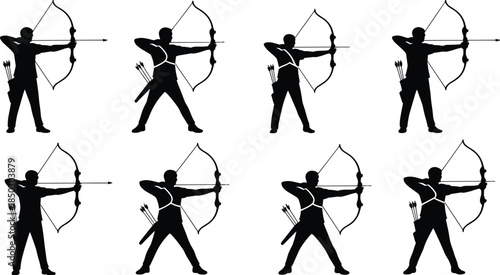 Archer silhouettes, black and white illustration, bow and arrow, archery poses, quiver, shooting stance, sport, technique, form, art