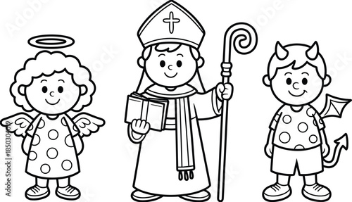 Cartoon angel, bishop, devil characters, religious symbolism, moral icons, black and white illustration, folklore figures, spiritual concept, stylized drawing, cultural theme