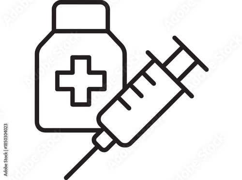 Medical bottle and syringe outline illustration on transparent background silhouette