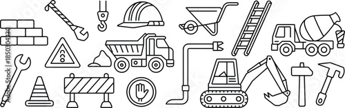 Construction tools illustration, black and white sketch, vehicles, safety symbols, site equipment, educational drawing, line art, industrial theme, icons