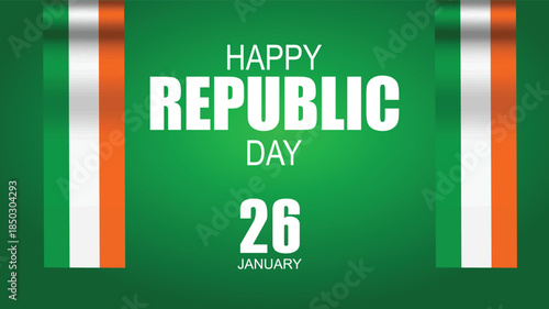 Happy Republic Day text with 26 January on a green background, flanked by two Indian flags celebrating the national holiday.