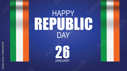 A blue banner with "Happy Republic Day 26 January" text and vertical Indian flag colored stripes on the sides.