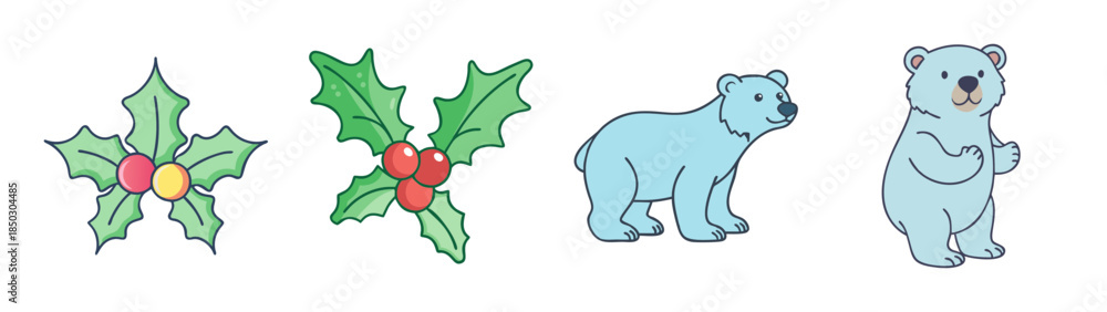 Fototapeta premium Cute christmas holly and polar bear cartoon drawings on a white background