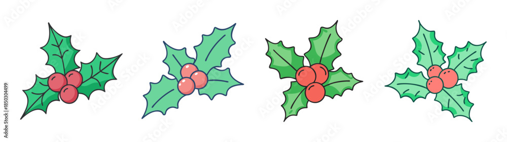 Fototapeta premium Four watercolor illustrations of festive holly leaves and red berries, perfect for christmas design