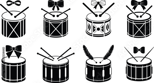 Drum illustration set, black and white sketch, stylized percussion, decorative drums, feathers, bows, music art, rhythm, design