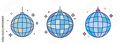 A set of three stylized disco ball icons for parties and celebrations