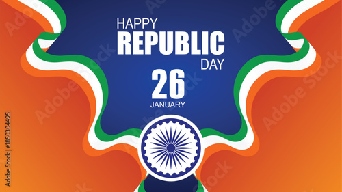 A vibrant graphic celebrating India's Republic Day on January 26th, featuring the national flag colors and Ashoka Chakra.