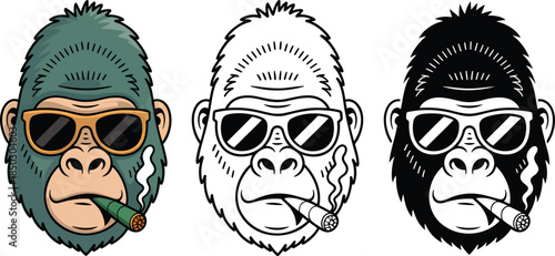 Gorilla wearing stylish sunglasses with a cigar in its mouth silhouette & Outline and illustration set isolated on transparent background