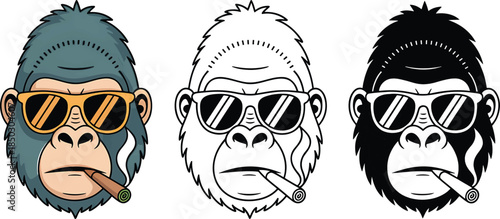Gorilla wearing stylish sunglasses with a cigar in its mouth silhouette & Outline and illustration set isolated on transparent background