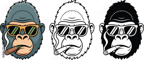 Gorilla wearing stylish sunglasses with a cigar in its mouth silhouette & Outline and illustration set isolated on transparent background